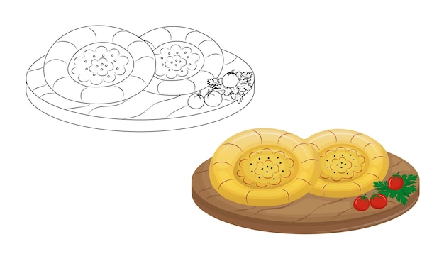 Traditional Central Asian bread baked in tandoor Kids coloring book for schoolTandyr flatbread