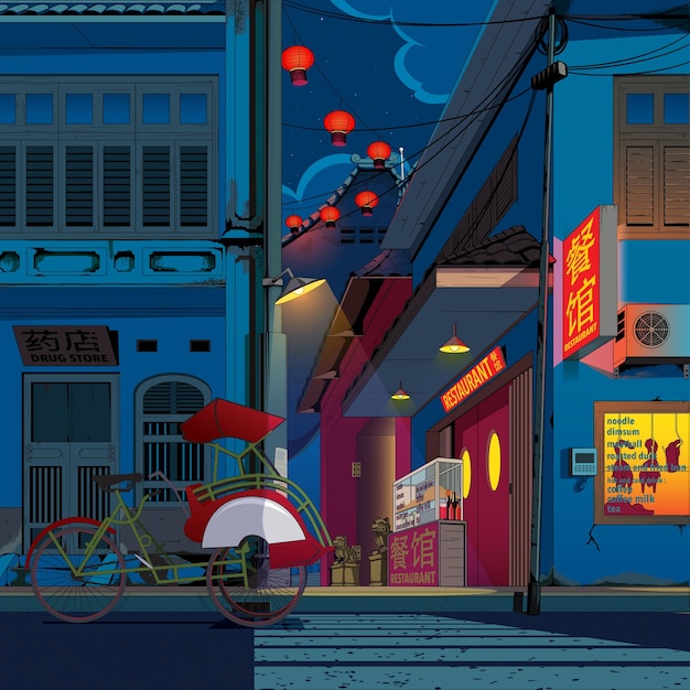 Traditional Chinatown Market at night illustration