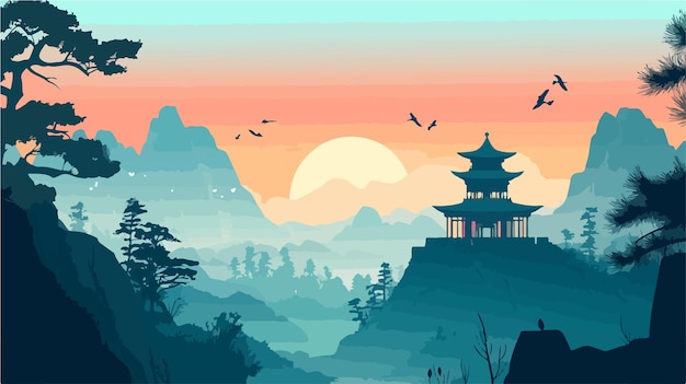 Vector traditional chinese cartoon poster landscape design