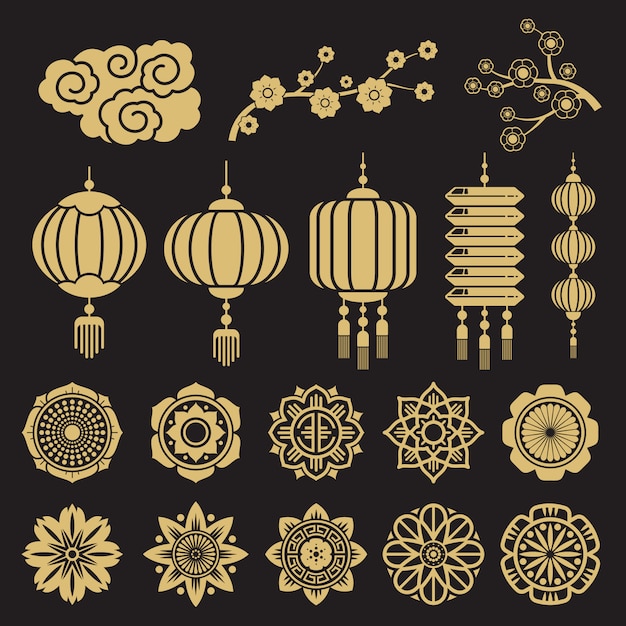 Traditional chinese and japanese decorative  elements isolated on black 