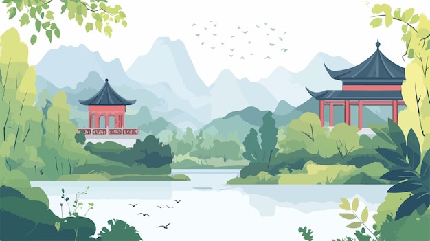 Vector traditional chinese landscape cartoon oriental card poster