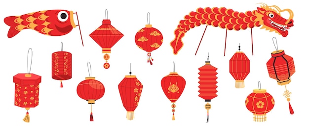 Traditional Chinese lantern Cartoon asian paper lamps with tassel for New year celebration oriental festival street decoration different shape Vector set