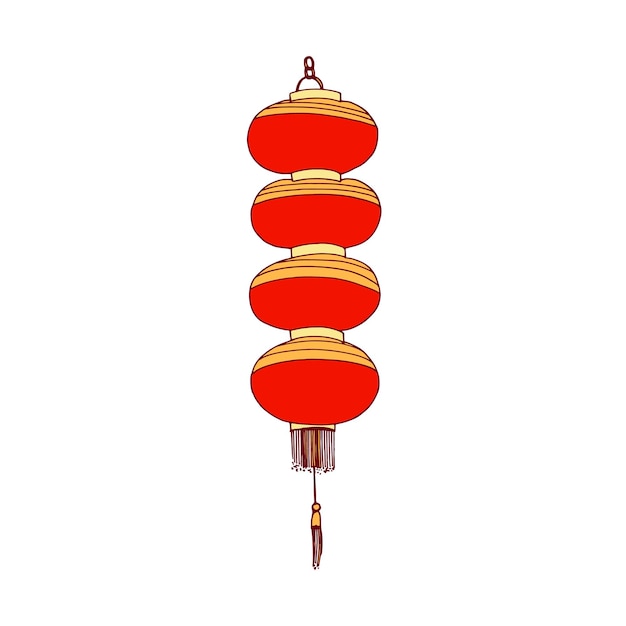 Traditional Chinese paper lantern with fringe. Hanging religious street light for China. Asian festival decorative multi-tiered lamp. Colored graphic vector illustration isolated on white background.