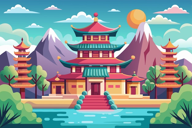 Vector traditional chinese temple with surrounding landscape