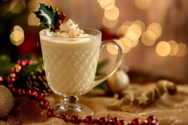 Vector traditional christmas drink eggnog with candies and spices top view selective focus blurred fairy