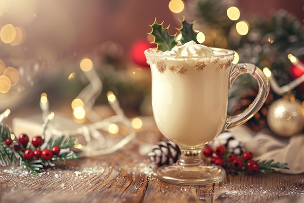 Vector traditional christmas drink eggnog with candies and spices top view selective focus blurred fairy