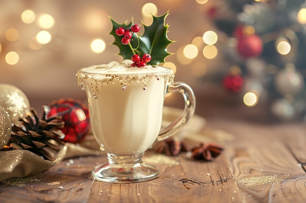 Vector traditional christmas drink eggnog with candies and spices top view selective focus blurred fairy