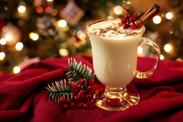 Vector traditional christmas drink eggnog with candies and spices top view selective focus blurred fairy