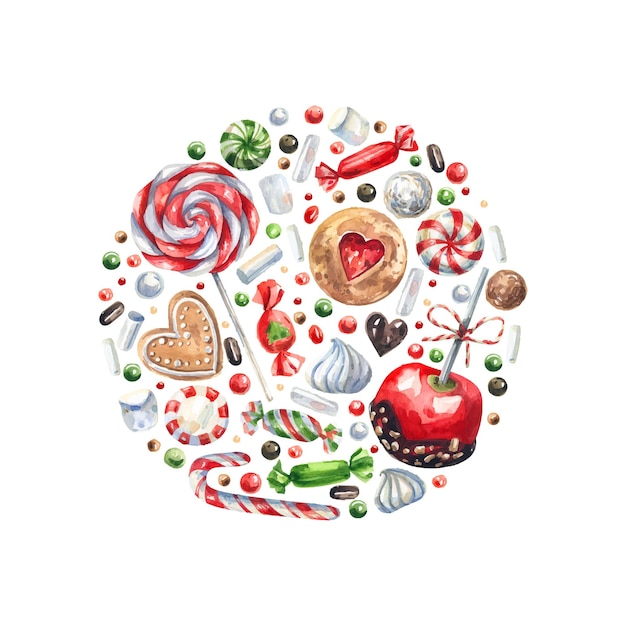 Traditional, Christmas sweets round watercolor illustration. Cookies, lollipops, gingerbread