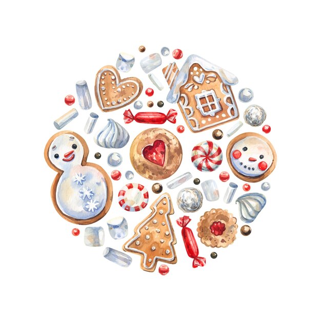 Vector traditional christmas sweets watercolor illustration. gingerbread cookies, gingerbread, candies