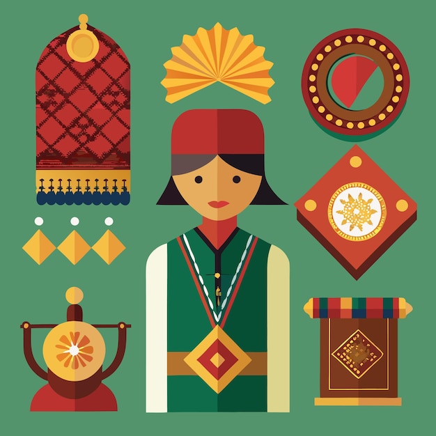 Vector traditional cultural icon set hand drawn colorful designs