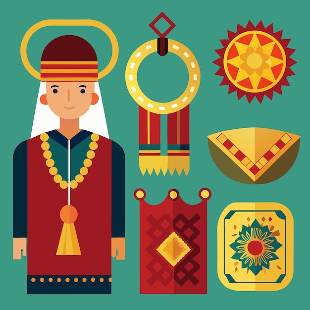 Vector traditional cultural icon set hand drawn colorful designs