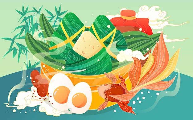 Traditional culture of eating zongzi on the Dragon Boat Festival with zongzi leaves and bamboo