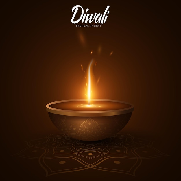 Traditional Diya lamp with pattern for Diwali festival of light Burning flame with particles Festive header for website Greeting card in Indian style Vector illustration