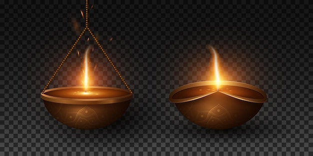 Traditional Diya lamps with pattern isolated on transparent background for Diwali festival of light Burning flame with fire dust 3D vector illustration