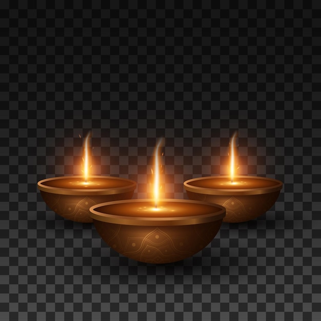 Traditional Diya lamps with pattern isolated on transparent background for Diwali festival of light Burning flame with particles 3D vector illustration