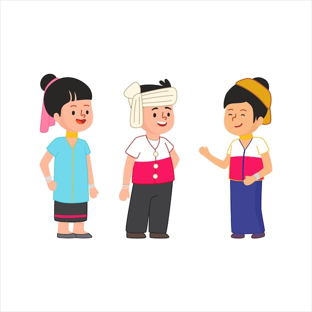 Traditional dress of Karen long neck people living in Thailand Myanmar Asia cute flat illustration