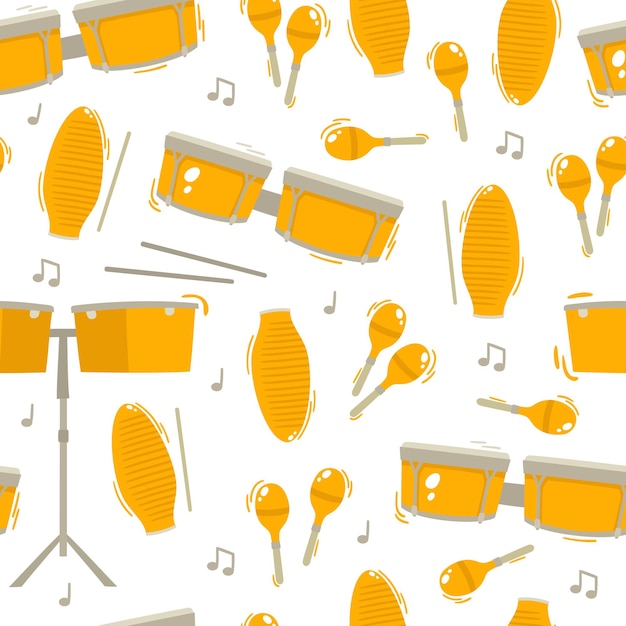 Traditional etnic music instruments and note seamless pattern on white background