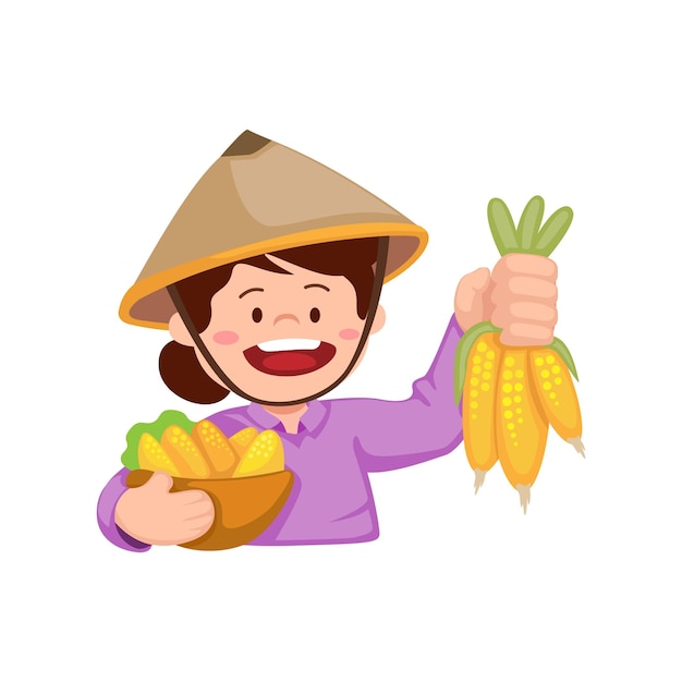 Traditional farmer holding vegetable and corn. agriculture harvest symbol character mascot illustrat