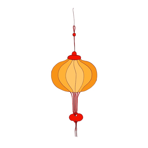 Traditional golden Chinese street lantern hanging on chord. Festive decorative collapsible paper light in China and Japan. Asian fortune lamp. Drawn vector illustration isolated on white background