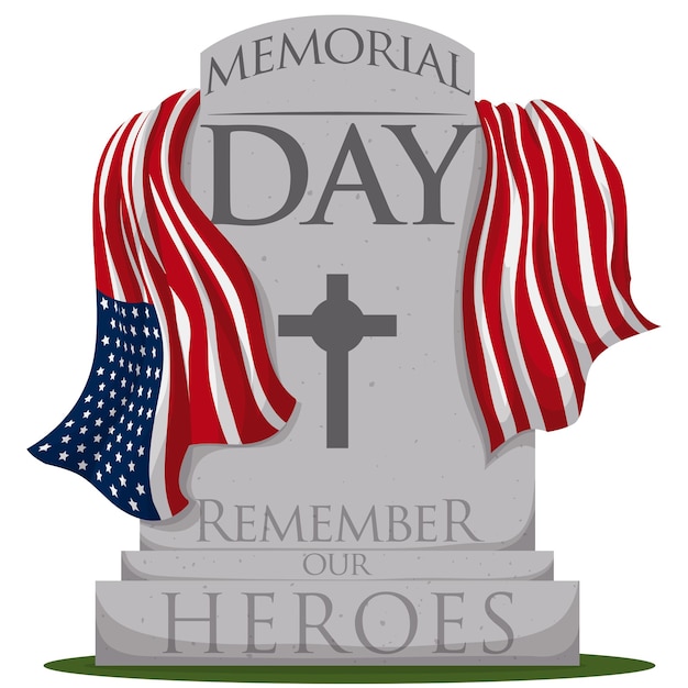 Traditional gravestone with cross and American flag for Memorial Day