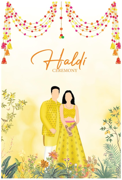 Vector traditional haldi ceremony invite with indian couple cariture and floral decor with tassle hanging