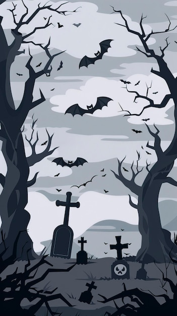 Vector traditional holiday halloween night party illustration with two dead trees bats flying over graves