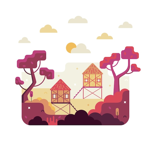 Traditional hut house on stilts vector cartoon illustration in flat stile