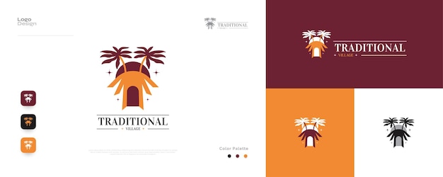 Traditional Hut Logo Design with Coconut Tree Illustration Village House Logo or Icon Suitable for Hotel Resort Travel Tourism and Lodging Business Logo