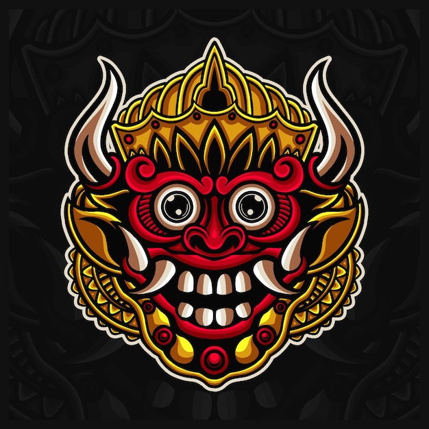 traditional indonesian mask barong logo design illustrations, balinese mask handrawn style