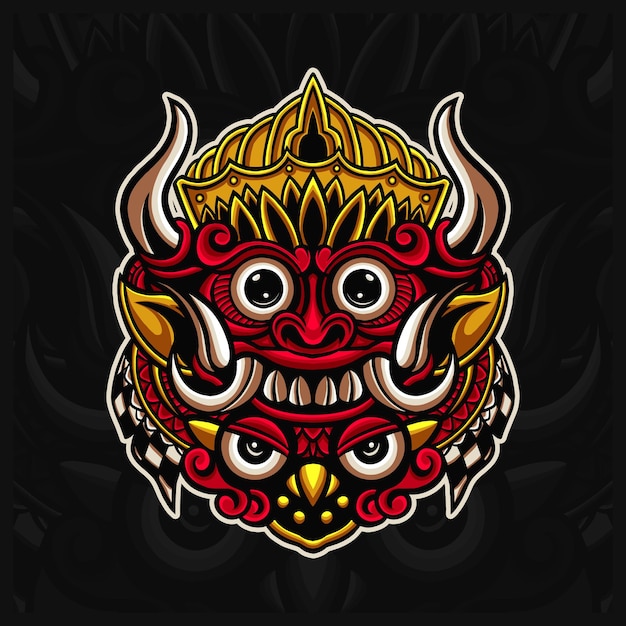 traditional indonesian mask barong mascot logo illustrations, balinese mask handrawn style