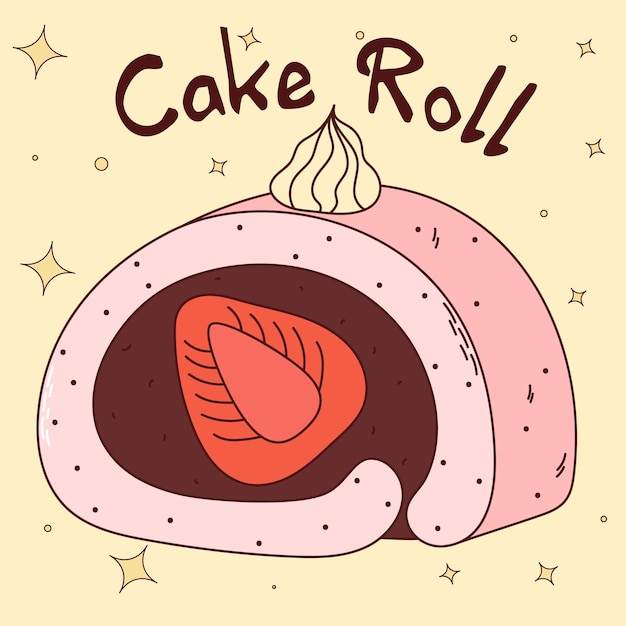 Traditional Japanese food Asian cake roll with strawberry Vector illistration