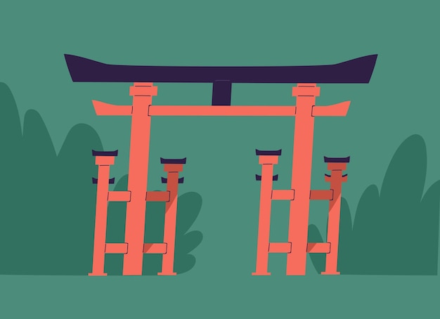 Traditional Japanese symbolic gates with roof and columns called Tori or Torii. Japan ritual religious architecture. Colored flat vector illustration.