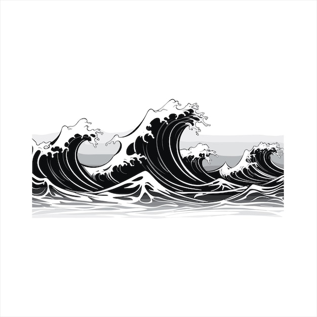 Traditional Japanese Wave Black and White Vector Illustration