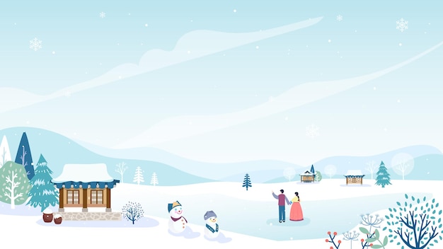 Traditional Korean village in winter landscape background vector design