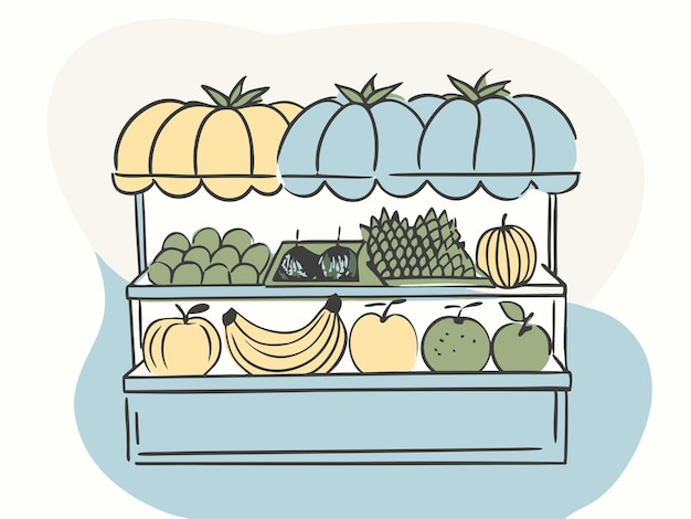 Vector traditional market with a variety of colorful fresh fruit and vegetables