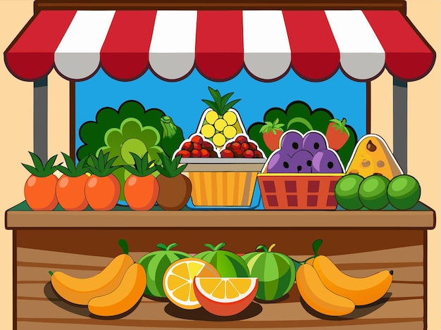 Vector traditional market with a variety of colorful fresh fruit and vegetables