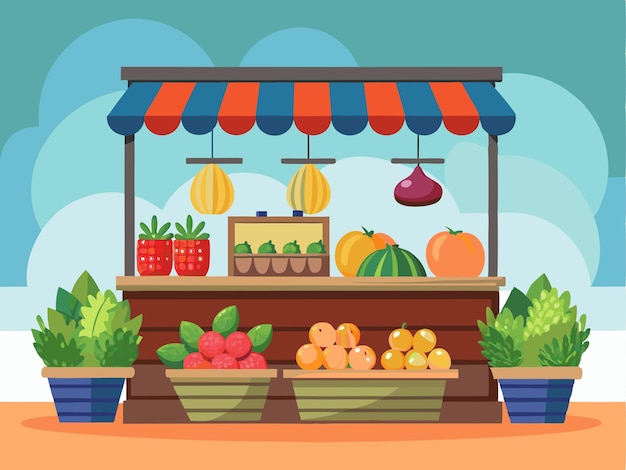 Vector traditional market with a variety of colorful fresh fruit and vegetables