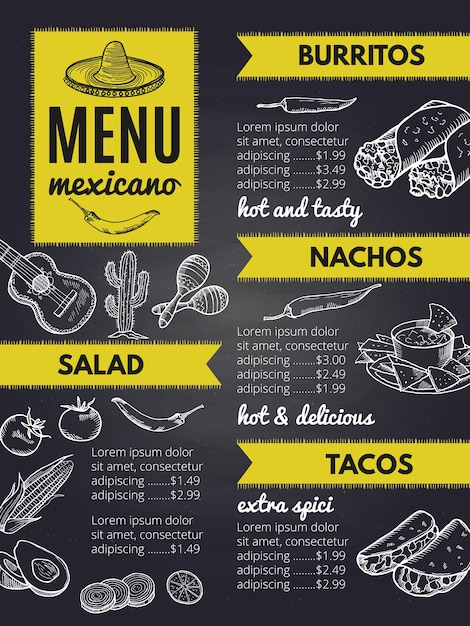 Traditional mexican cuisine. Design template of restaurant menu mexican with burrito and nachos,  illustration