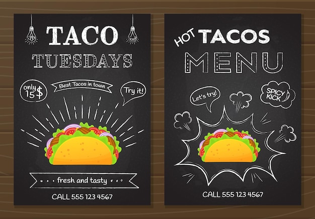 Traditional mexican fastfood tacos menu chalk board style food poster with hand drawn decoration on