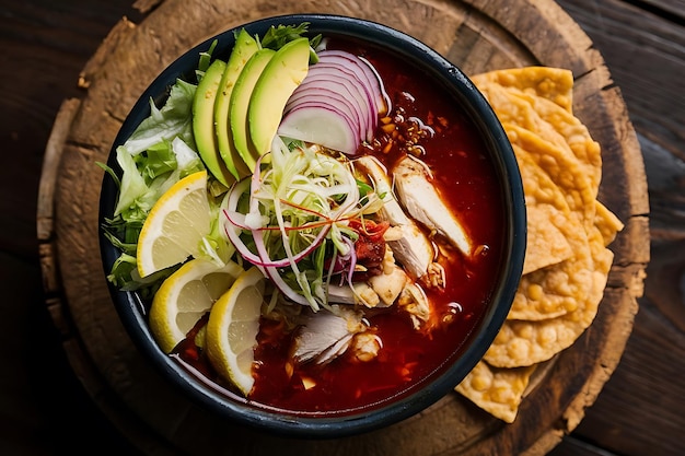 Vector traditional mexican food red pozole with chicken on wooden background