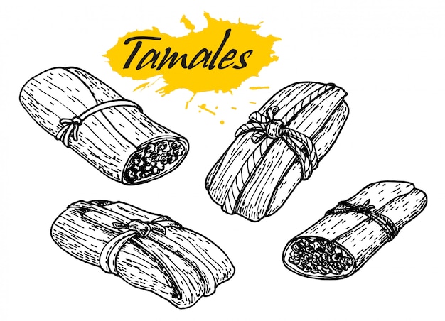 Traditional mexican food tamales. Hand drawn sketch style  illustration. Best for restaurant menu s, flyers and banners. Vintage Mexican cuisine banner