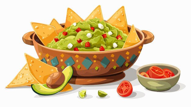 Vector traditional mexican guacamole dish with nacho chips