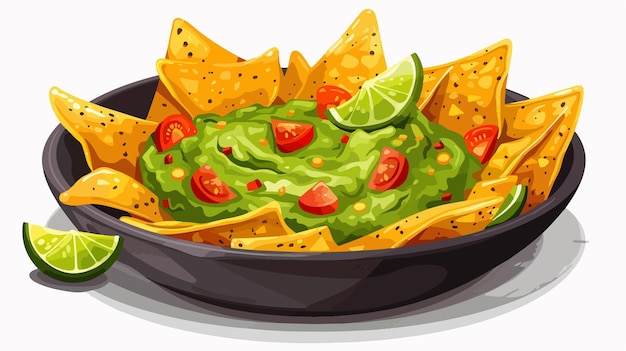 Vector traditional mexican guacamole dish with nacho chips