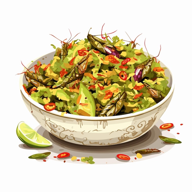 Vector traditional mexican guacamole with chapulines grasshoppers vector illustration