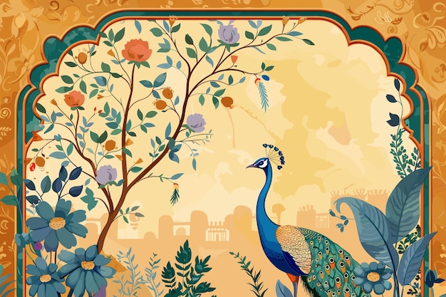 Vector traditional mughal garden arch peacock plant illustration chinoiserie palace for wallpaper