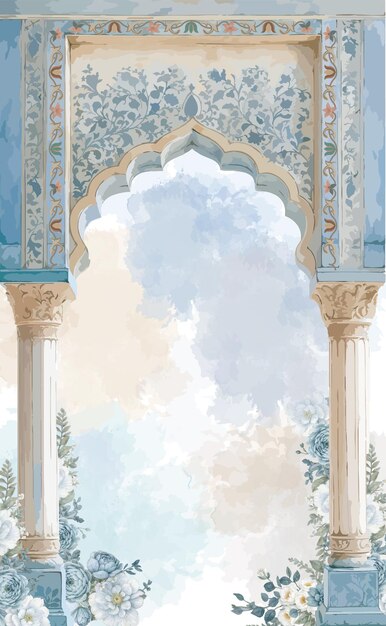 Vector traditional mughal pastel arch column and flower hand drawn illustration for invitation