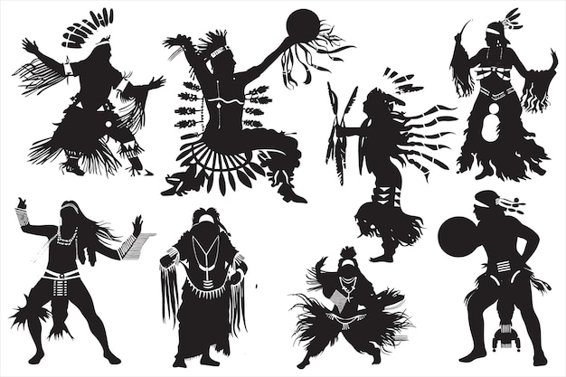 Traditional Native dances and music performance silhouettes Set of silhouettes of Indian dance