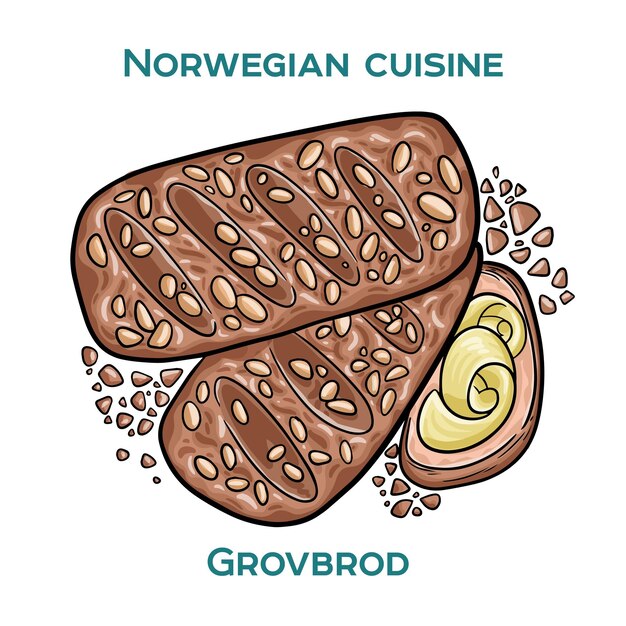 Traditional Norwegian food Grovbrod on white background Isolated vector illustration