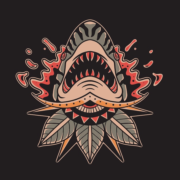 traditional old school tattoo shark with flower ornament in vector illustration